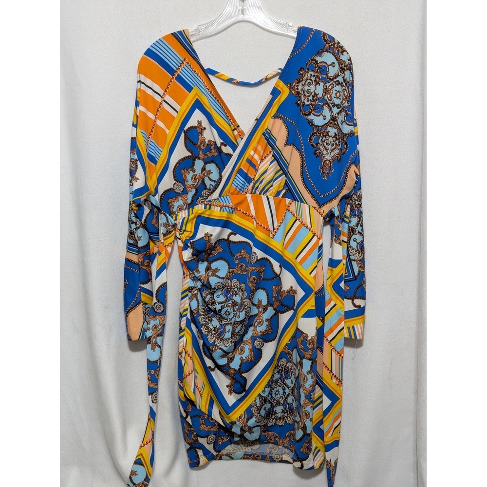 Venus Womens Long Sleeve Scarf Print Mini Dress Blue Orange Baroque Size S